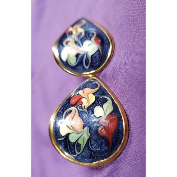 Retro Multicolored Earrings Glittery Swirl Enamel Curved Teardrop Gold Tone - Picture 11 of 13